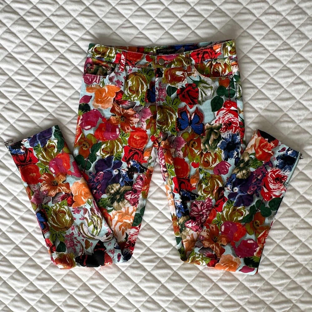 ALBERTO MAKALI Size 8 Floral Pants Art to Wear Pockets Stretch Jeggings Elegant